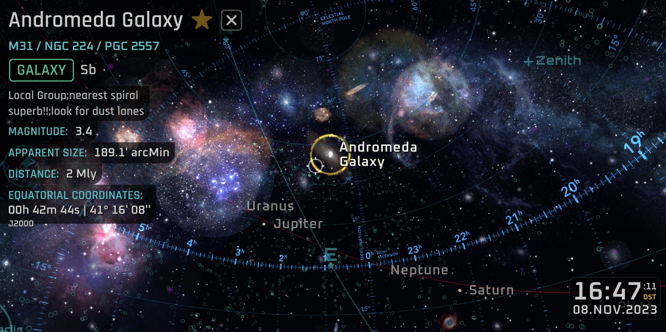 The night sky lit up with labeled stars, constellations, and deep-sky objects