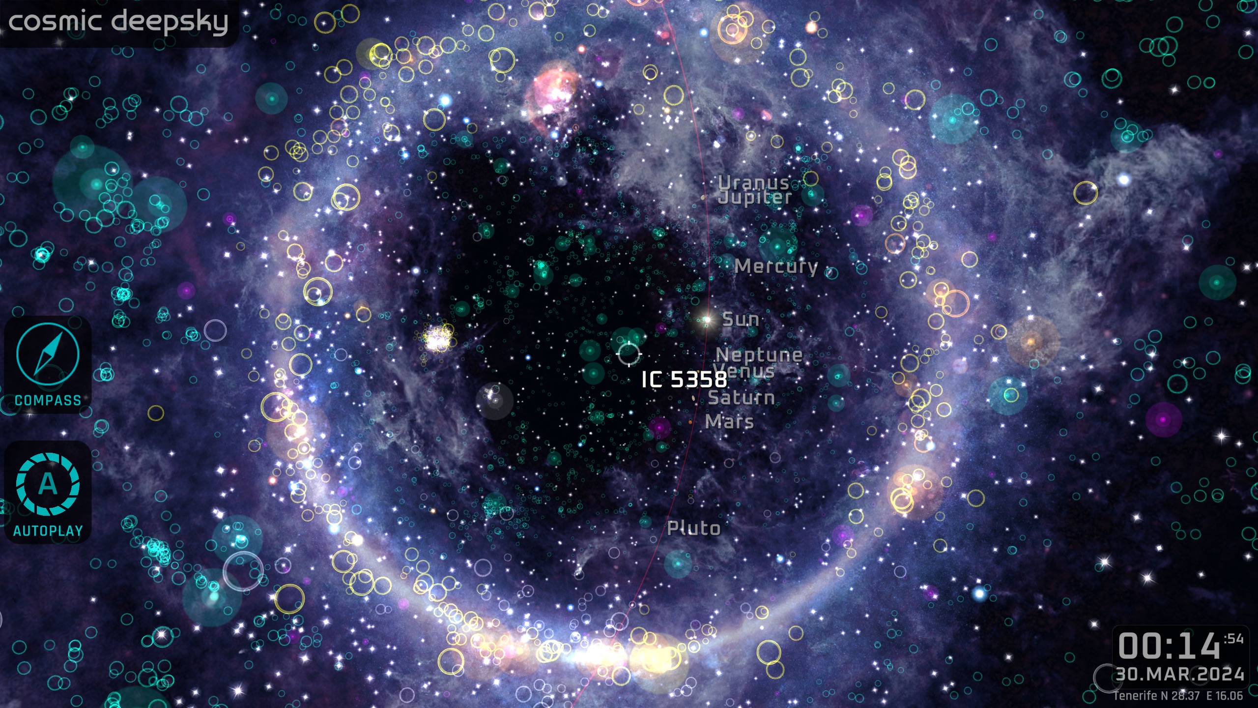 A wide view of the night sky, full of stars, nebulae, and galaxies