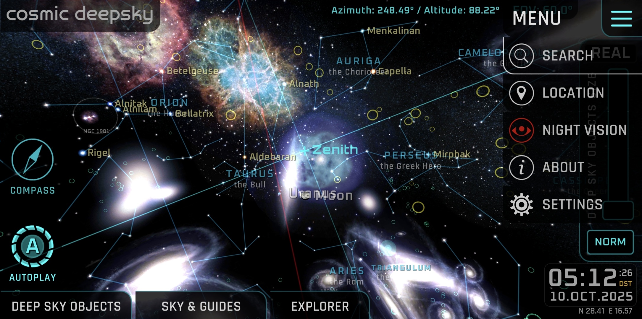 Cosmic Deepsky's live sky view, with constellations, stars, and deep-sky objects labeled over the app's menu and controls
