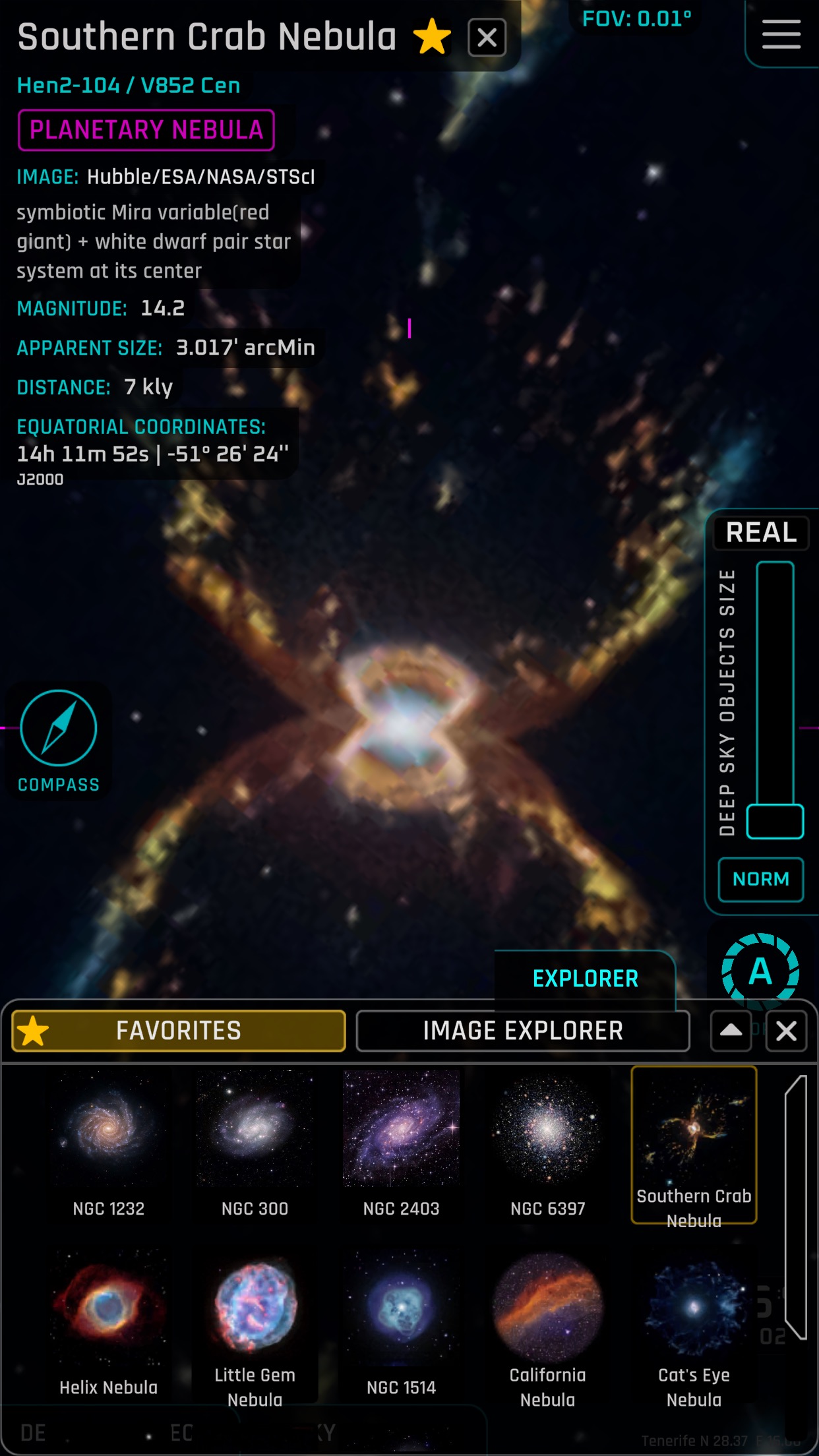Object info panel open after tapping a deep-sky object in the app