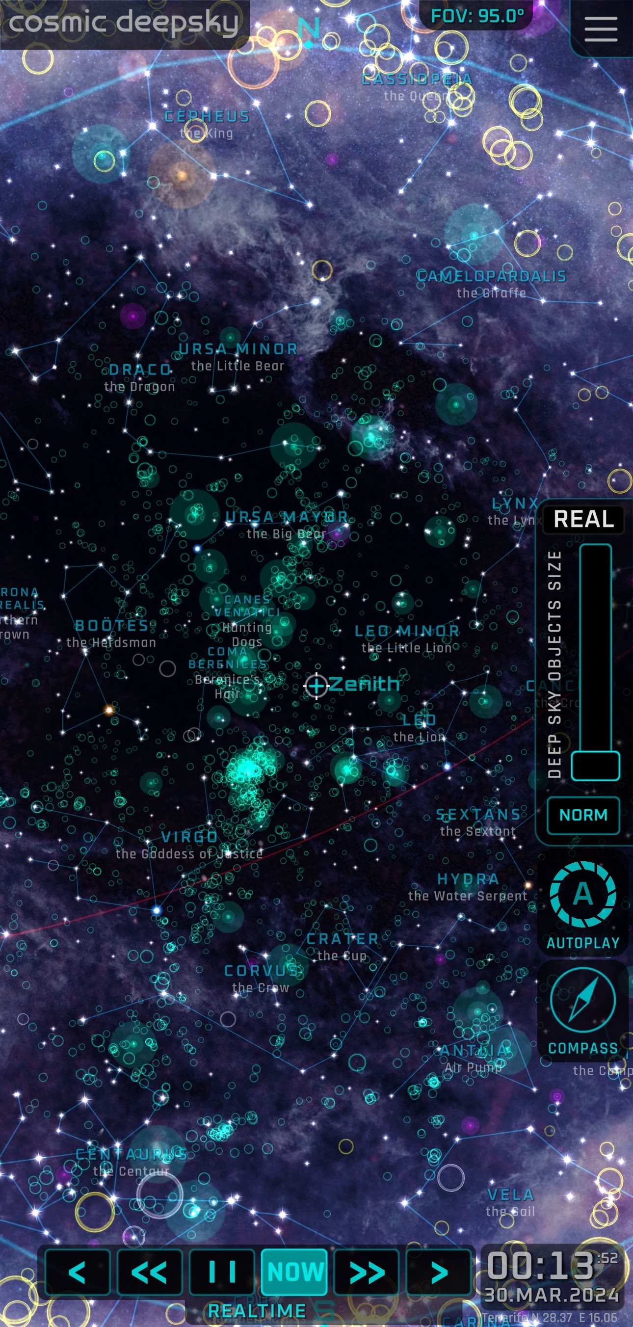 The sky in motion while moving through time in the app